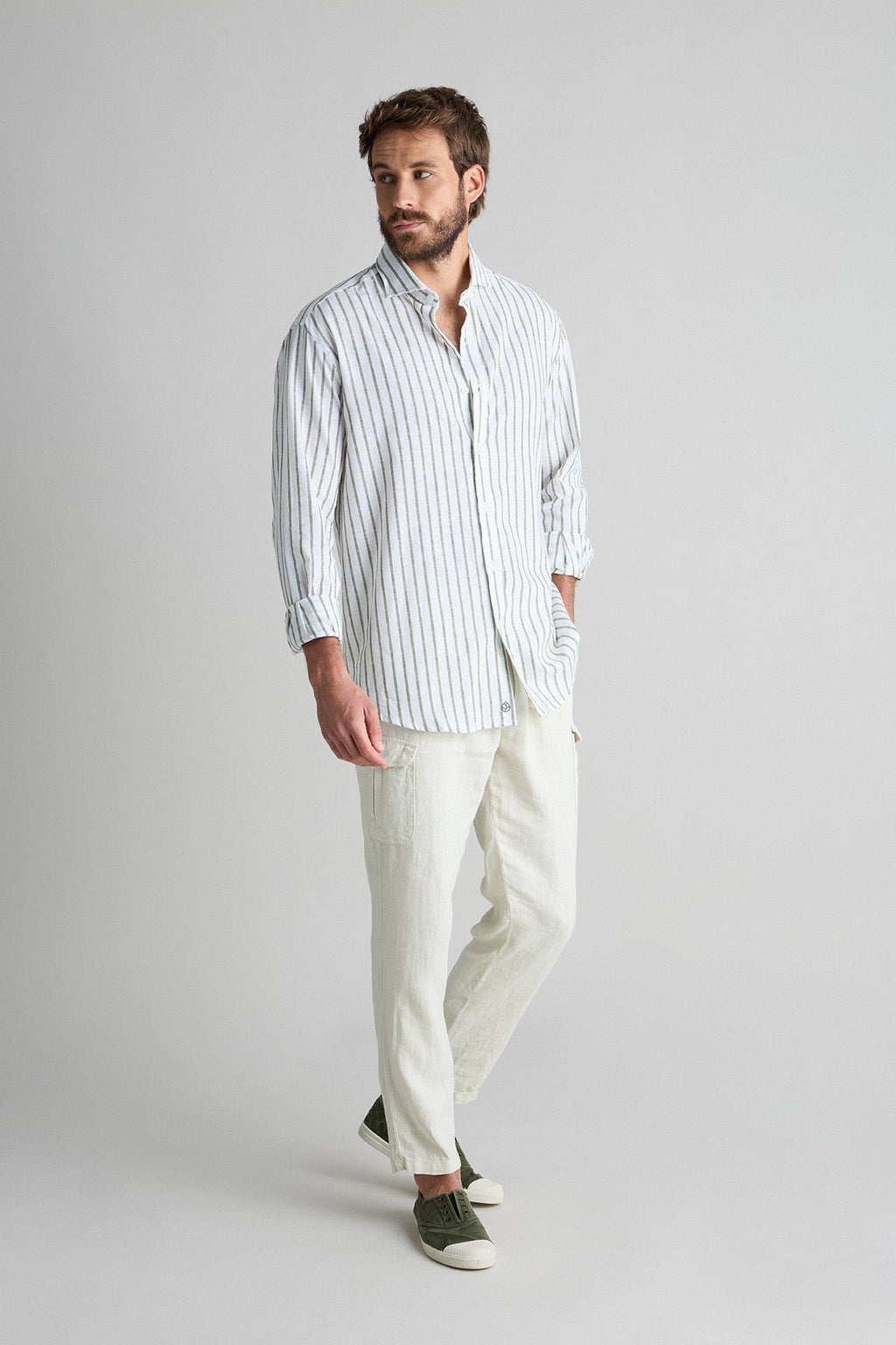 Camisa Lino 100% Blanca Rayas Verde Caza