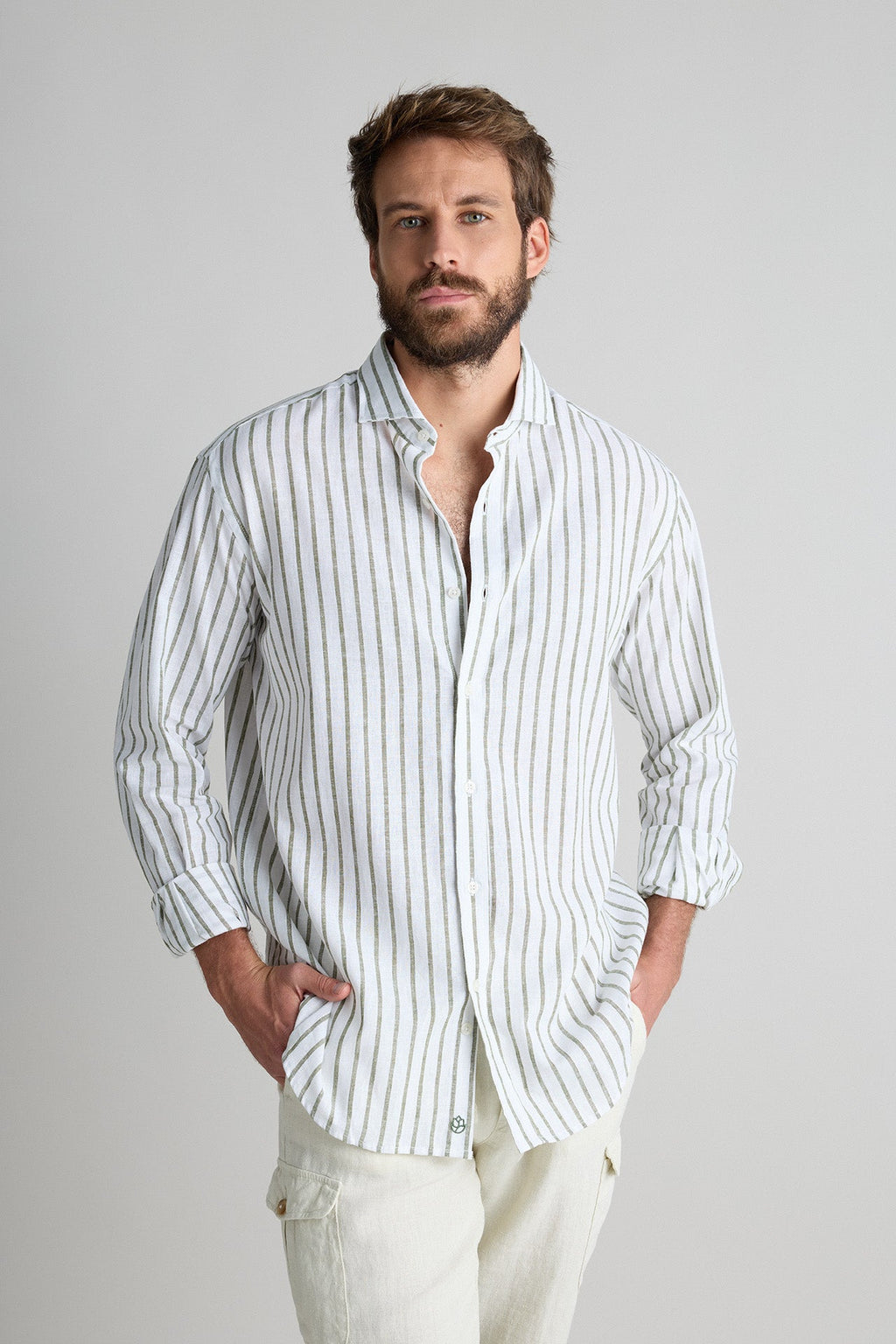 Camisa Lino 100% Blanca Rayas Verde Caza