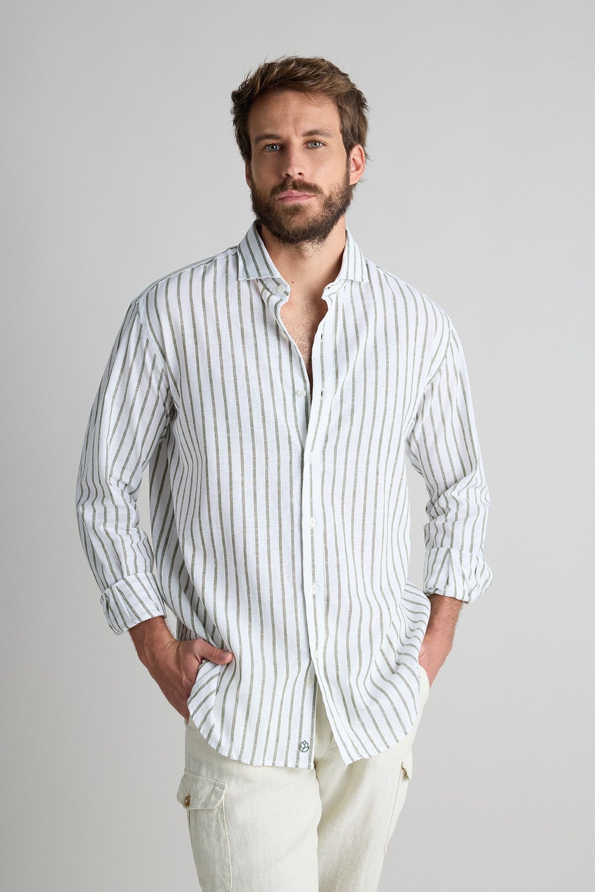 Camisa Lino 100% Blanca Rayas Verde Caza