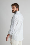 Camisa Lino 100% Blanca Rayas Verde Caza