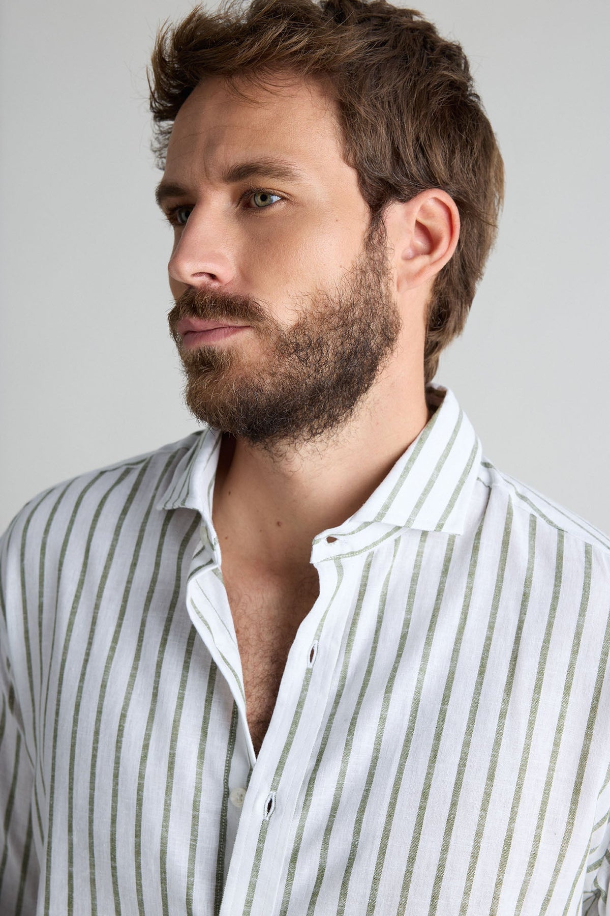 Camisa Lino 100% Blanca Rayas Verde Caza