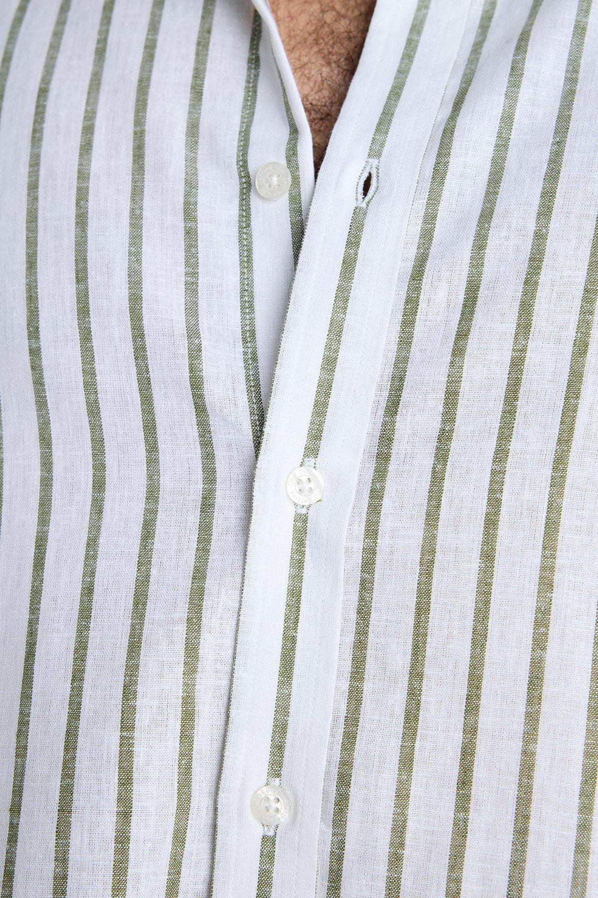 Camisa Lino 100% Blanca Rayas Verde Caza