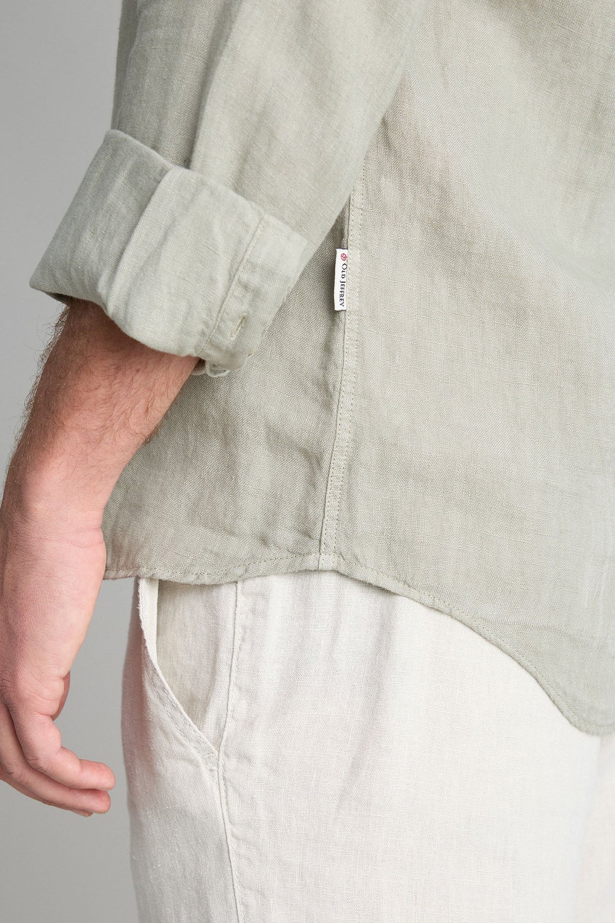Camisa Lino Cuello Mao Verde Seco Botones Cuerno