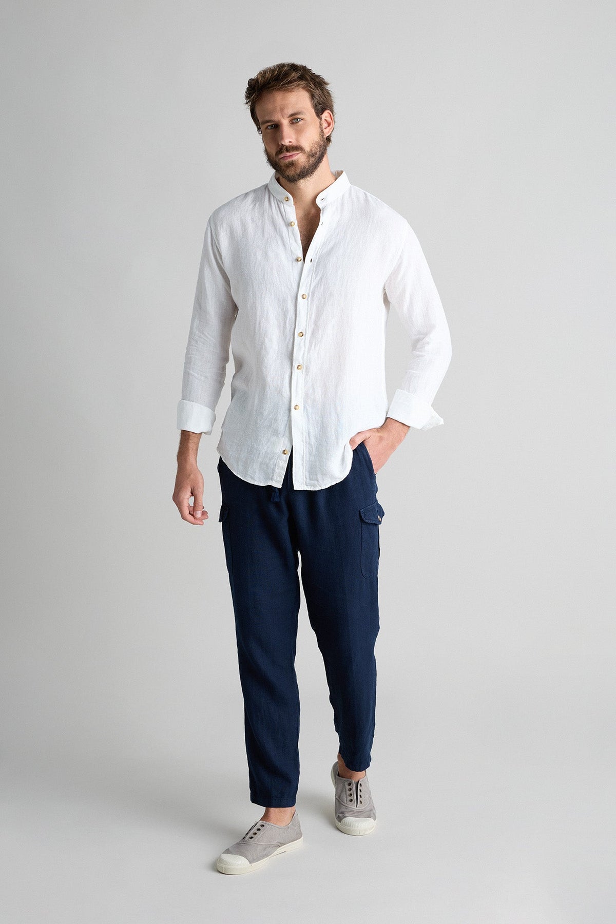 Camisa Lino Cuello Mao Blanco Botones Cuerno