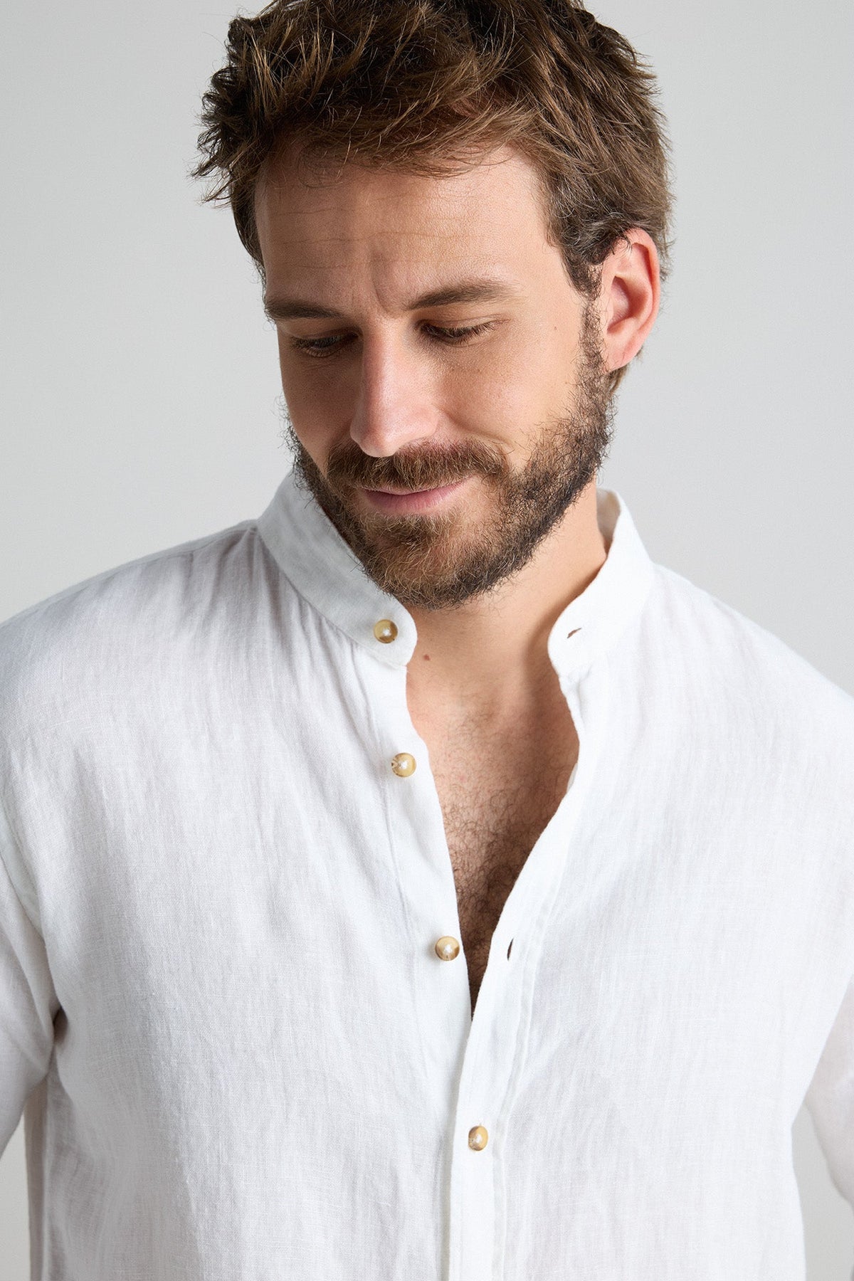 Camisa Lino Cuello Mao Blanco Botones Cuerno