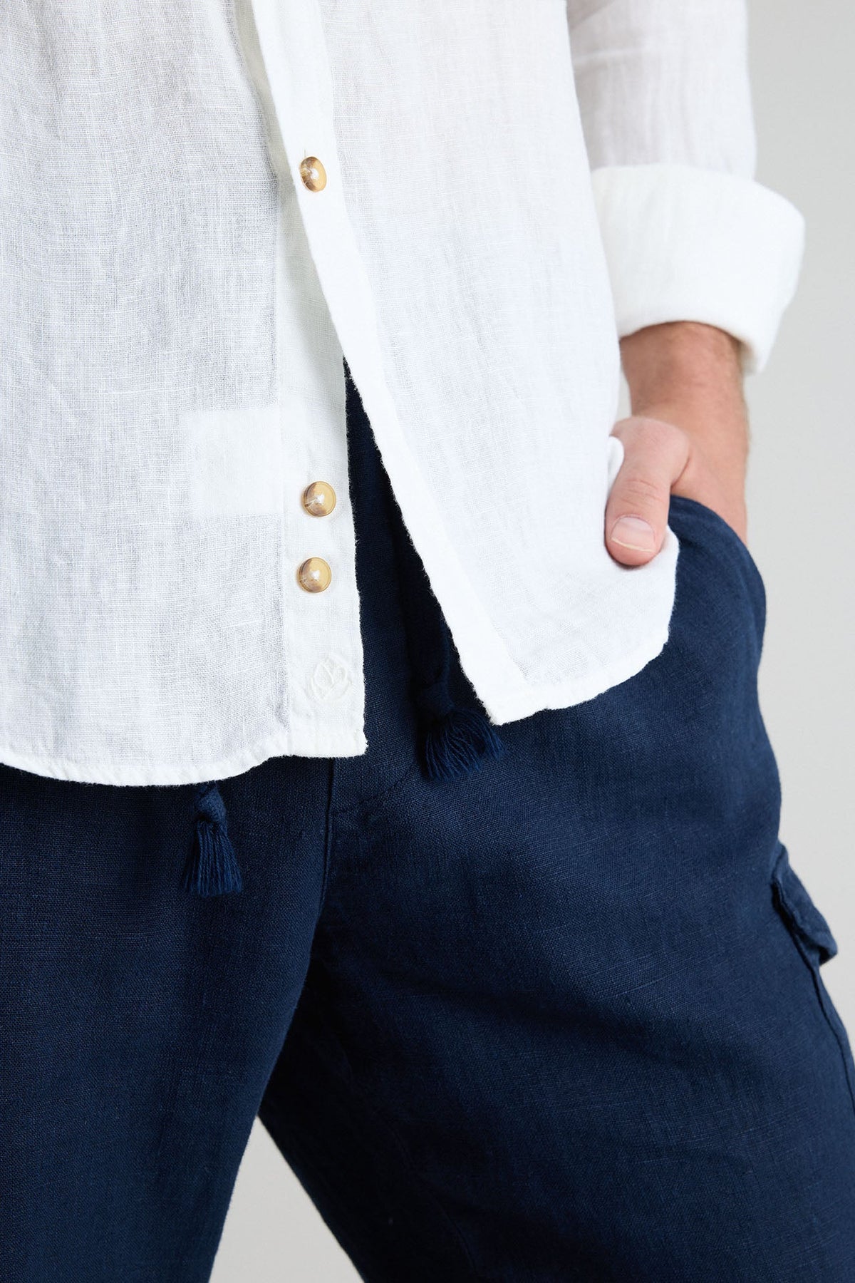 Camisa Lino Cuello Mao Blanco Botones Cuerno