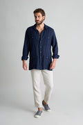 Guayabera Azul Marino 100% Lino con Botones Cuerno