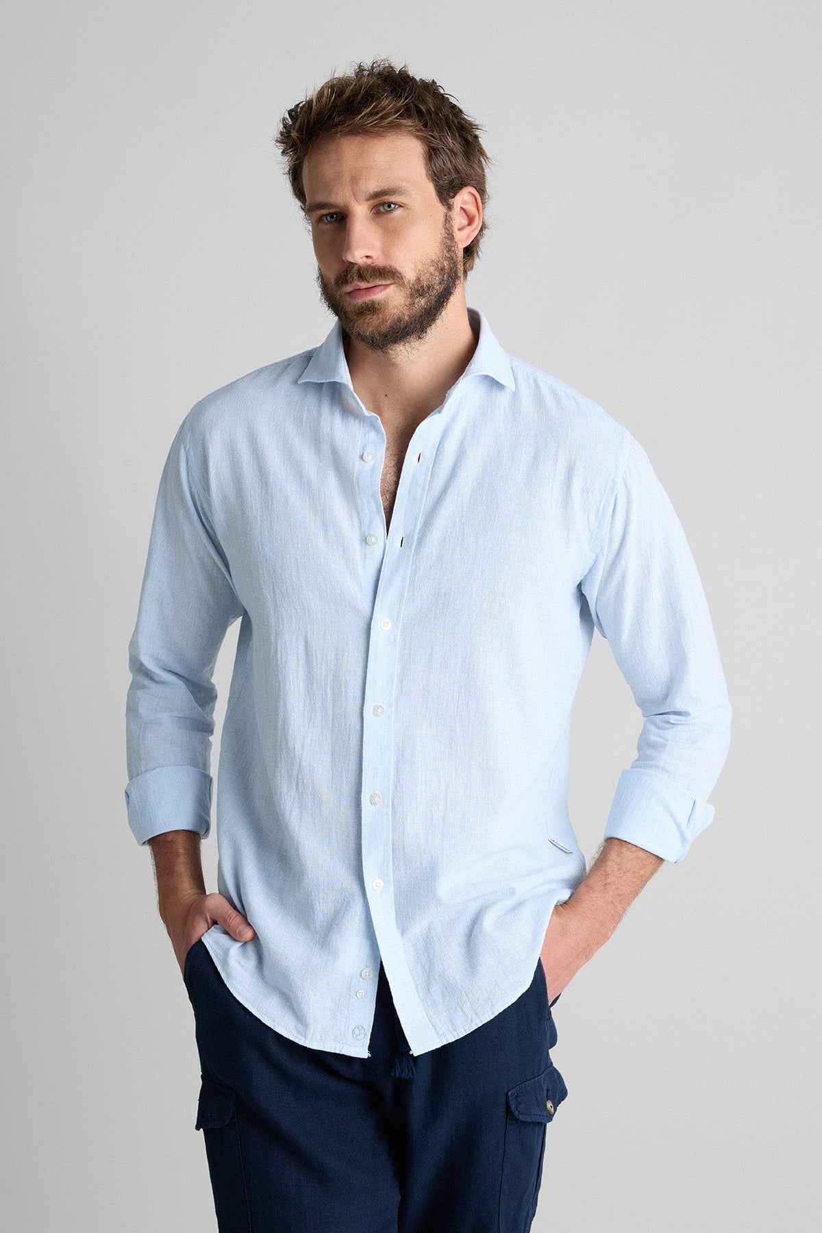 Camisa Lino Mil Rayas Azul