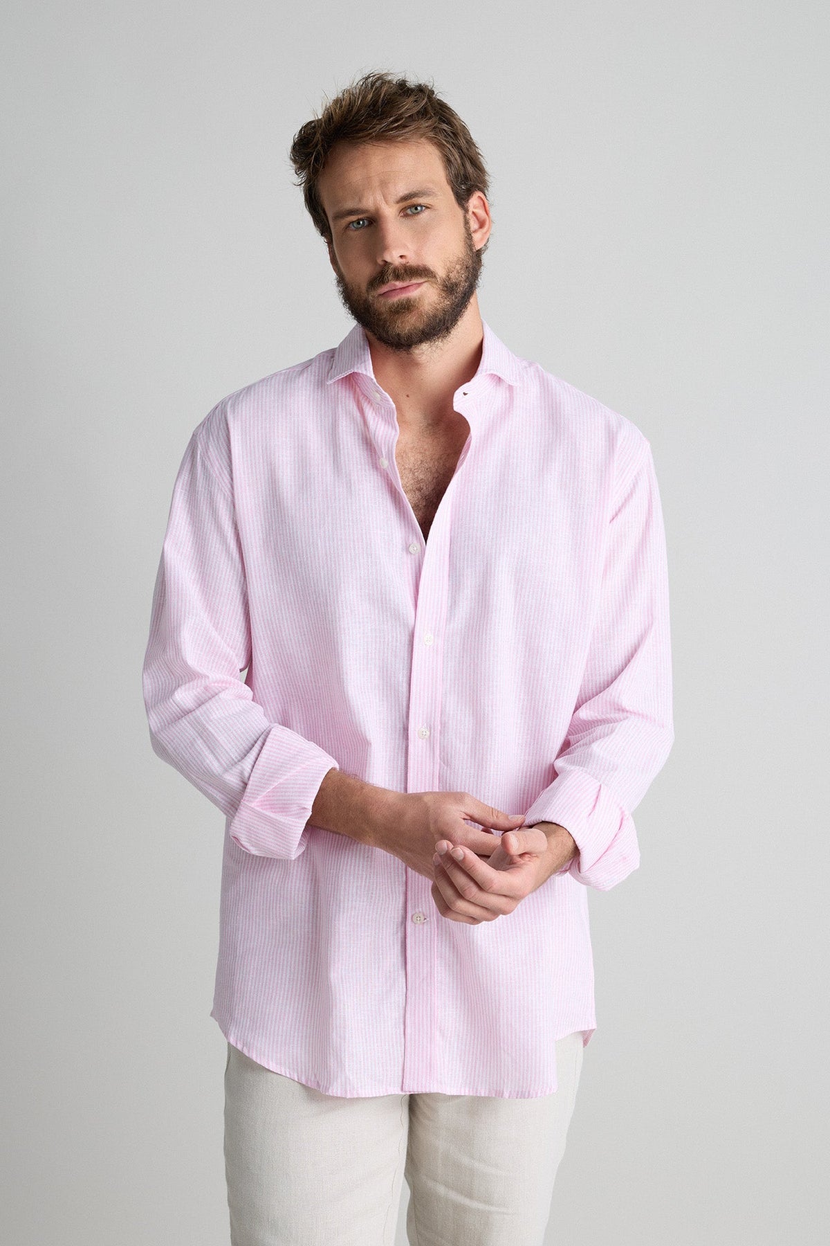 Camisa Lino Mil Rayas Rosa