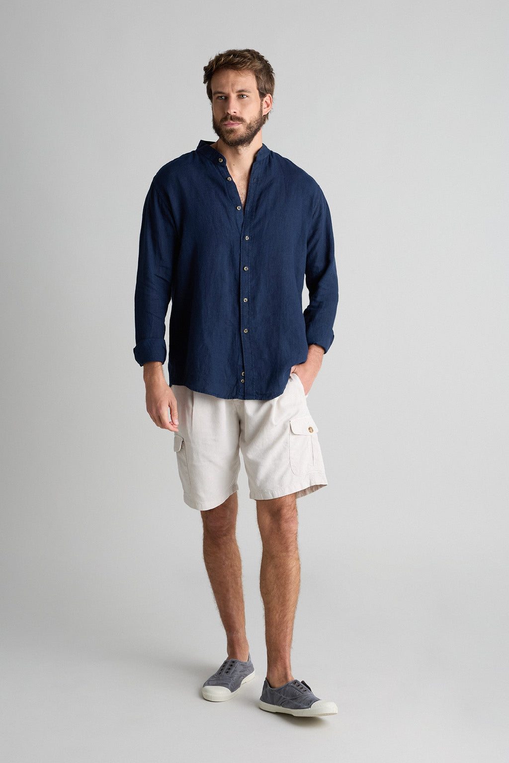 Camisa Lino Cuello Mao Marino Botones Cuerno