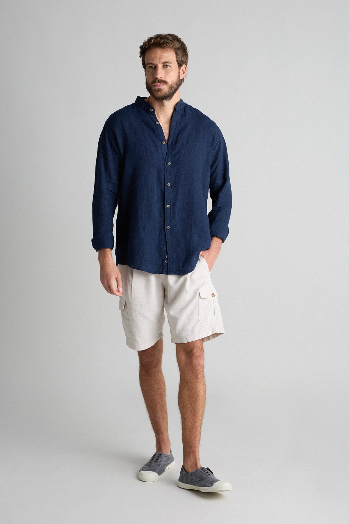 Camisa Lino Cuello Mao Marino Botones Cuerno