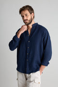 Camisa Lino Cuello Mao Marino Botones Cuerno