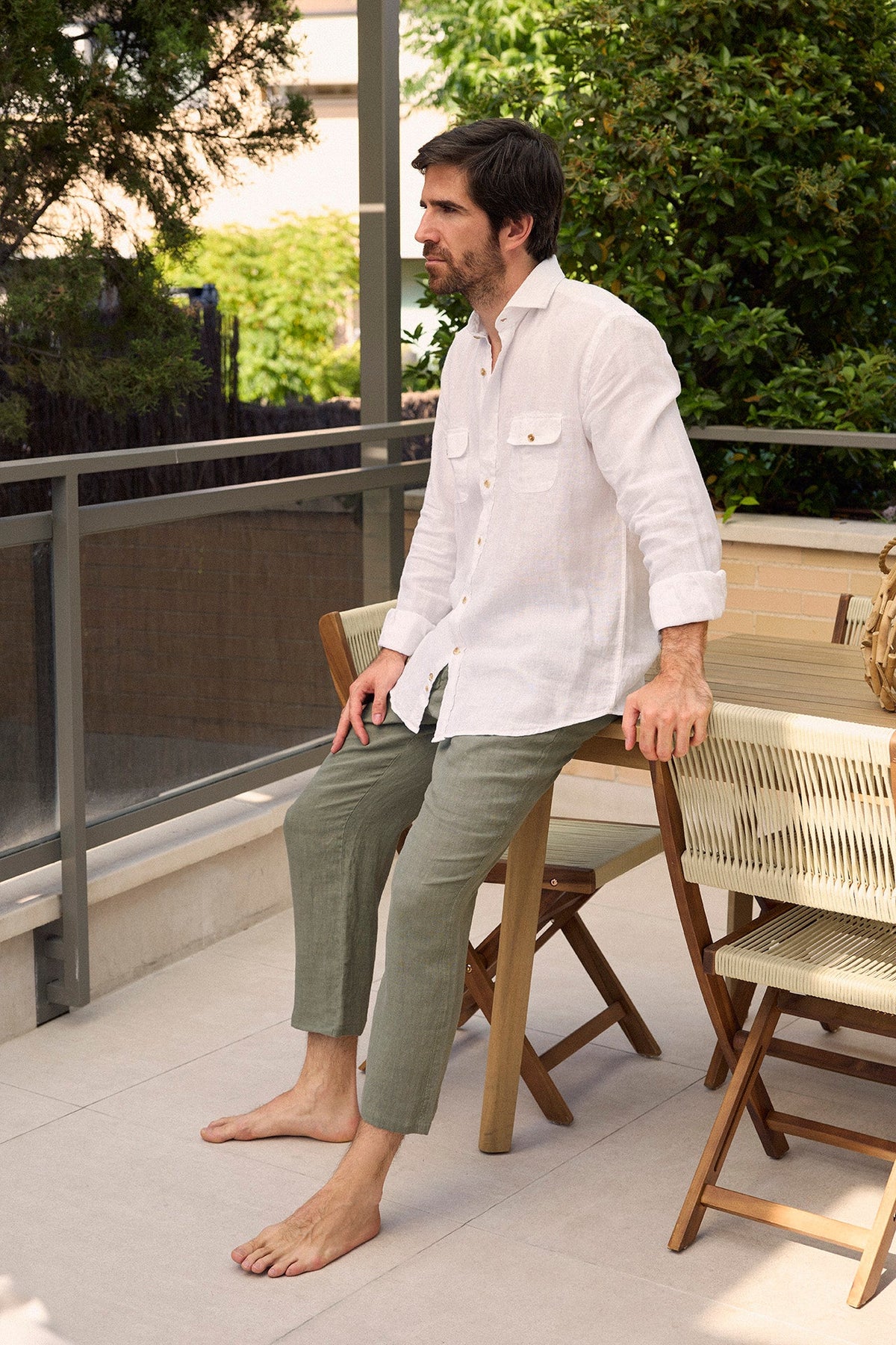 Camisa Lino 2 Bolsillos Pecho Blanco