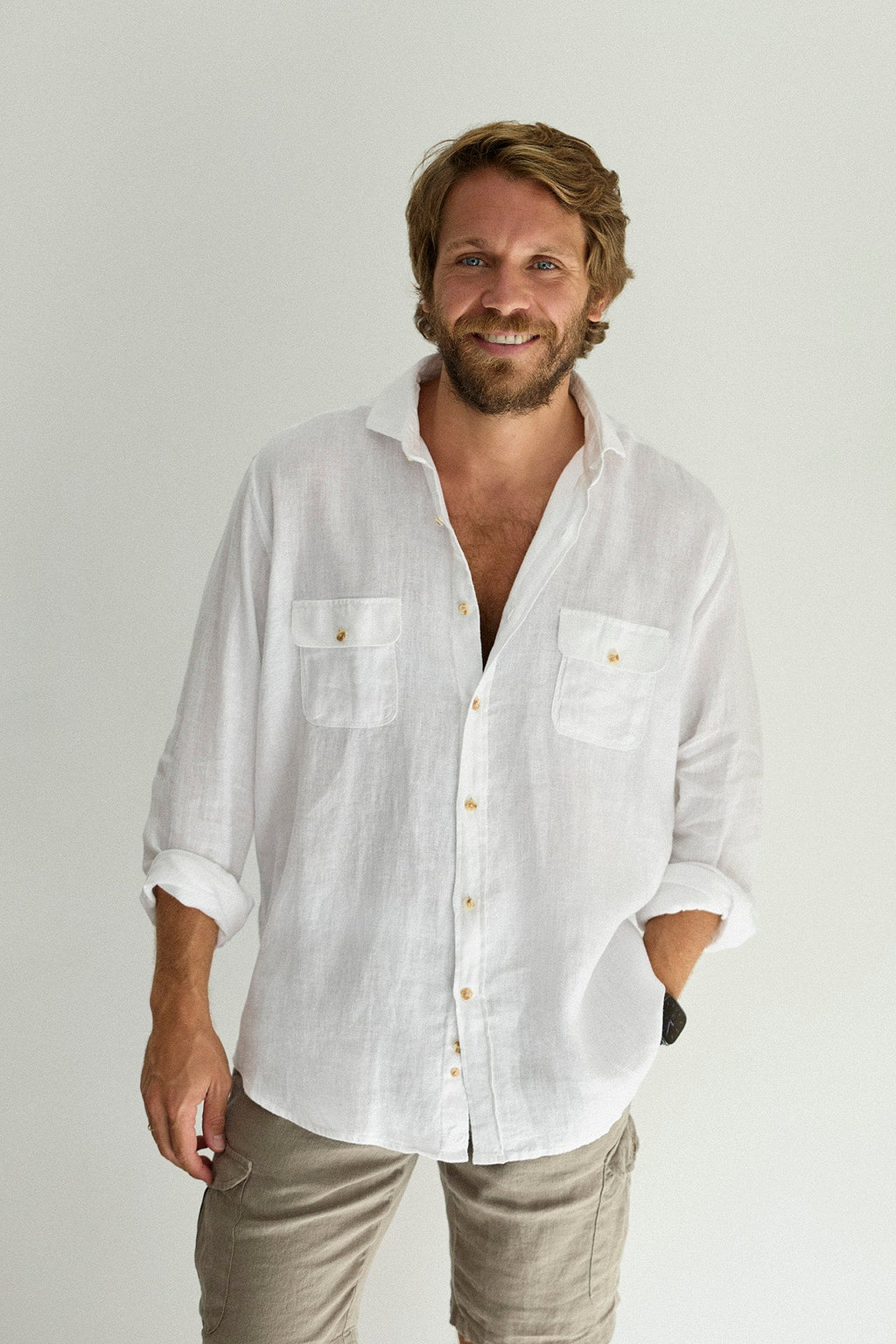 Camisa Lino 2 Bolsillos Pecho Blanco