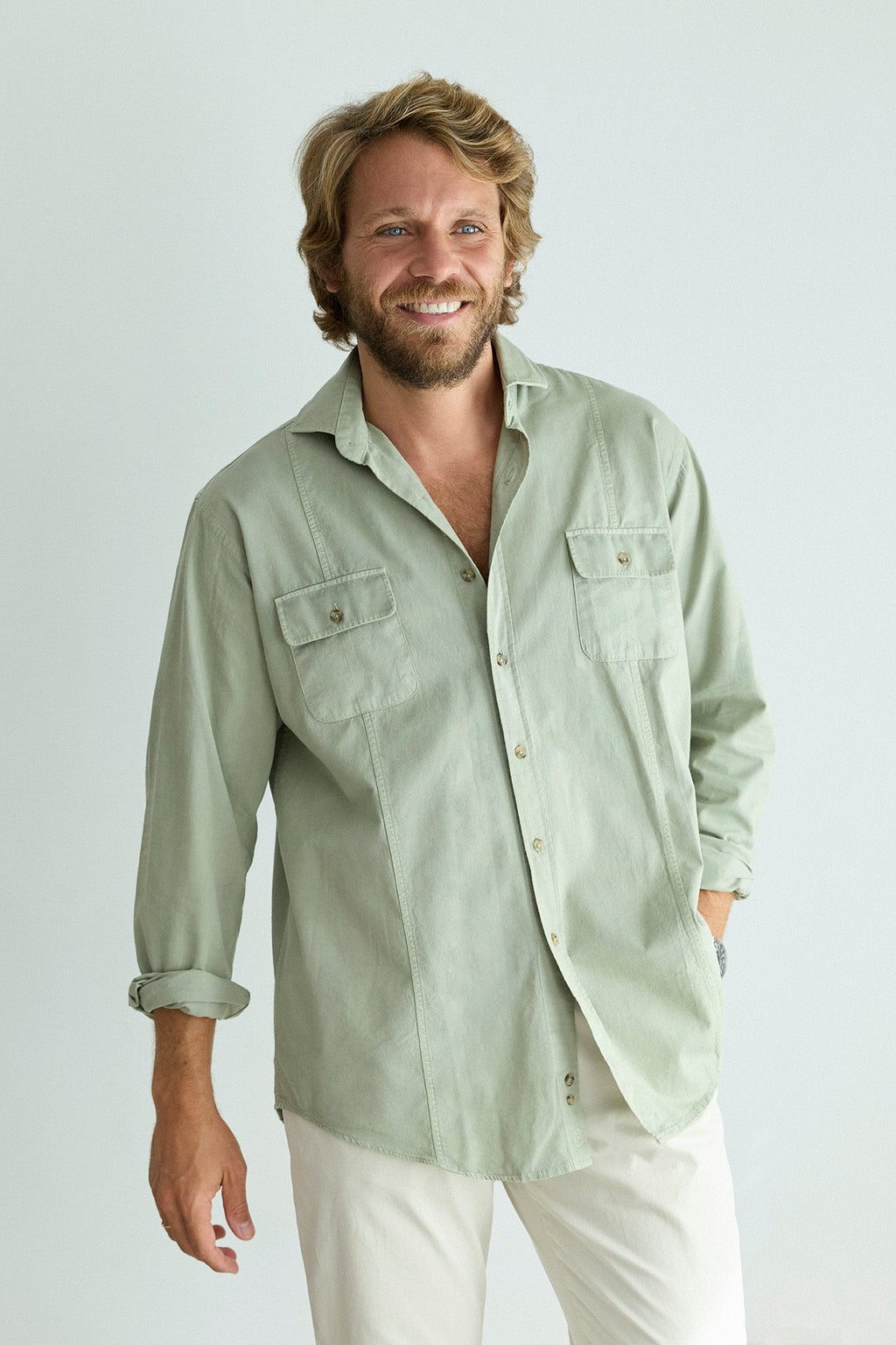Camisa Algodón 2 Bolsillos Pecho Verde Laurel Costura Vertical