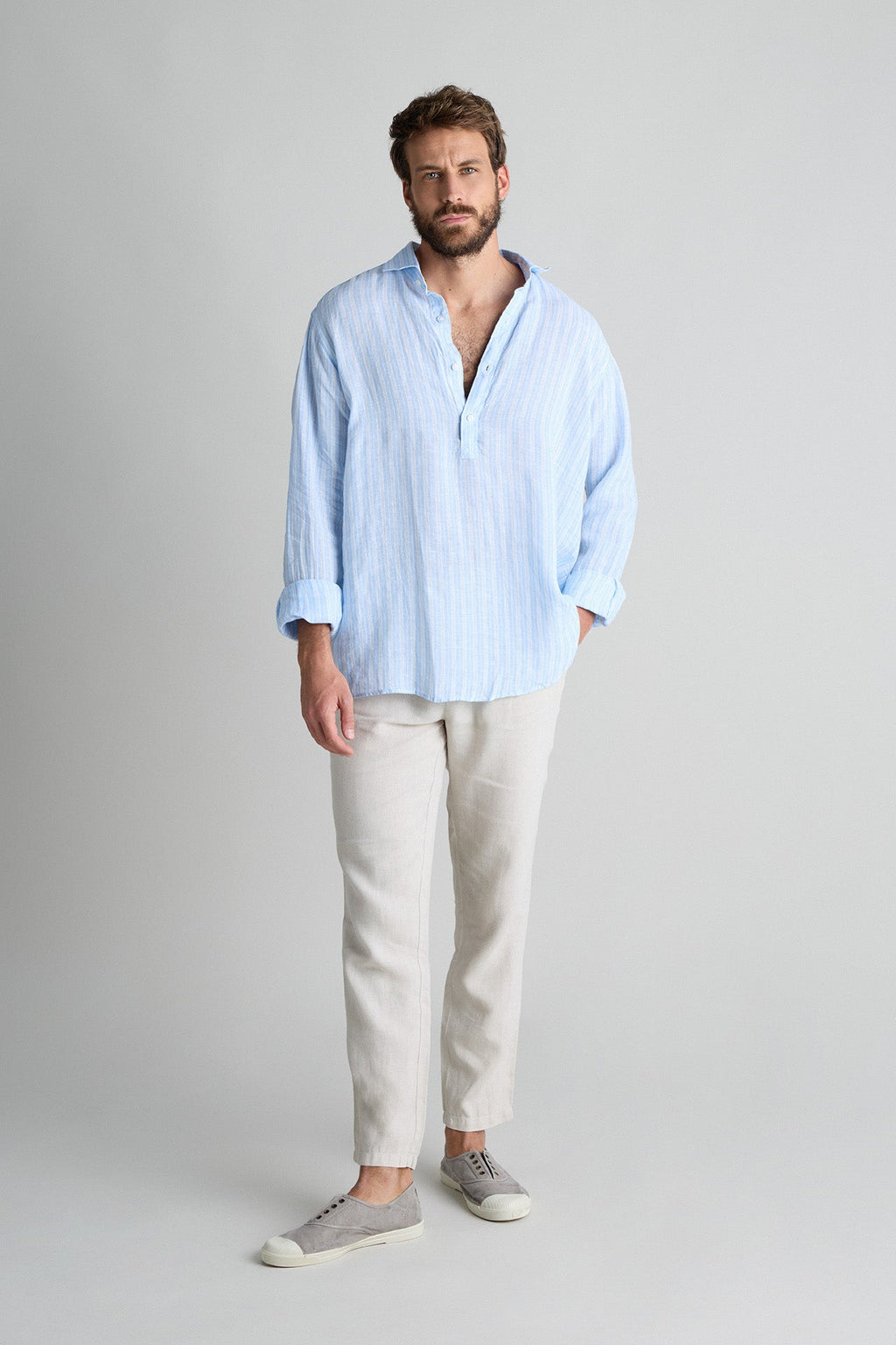Polera Lino Rayas Anchas Azul