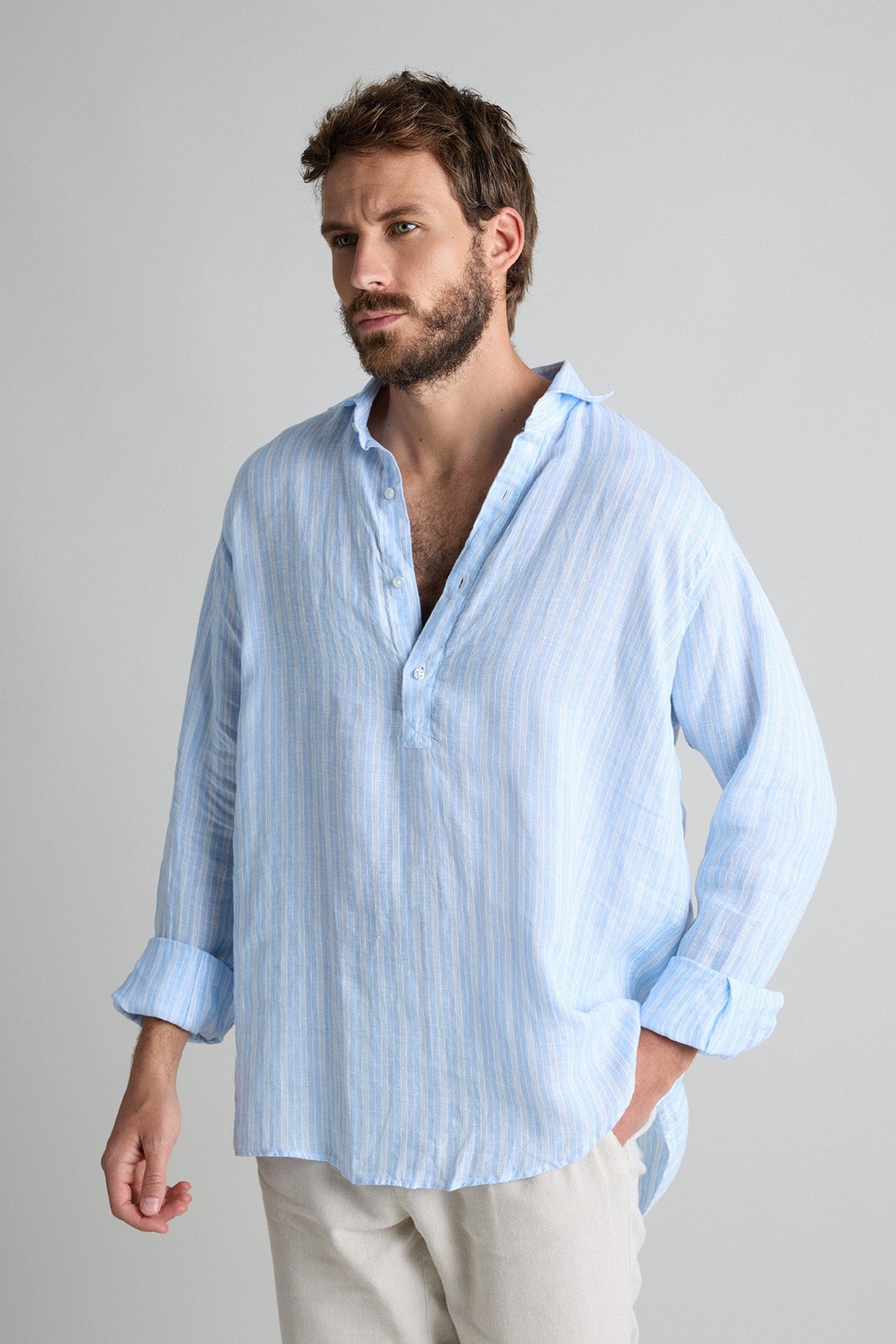 Polera Lino Rayas Anchas Azul