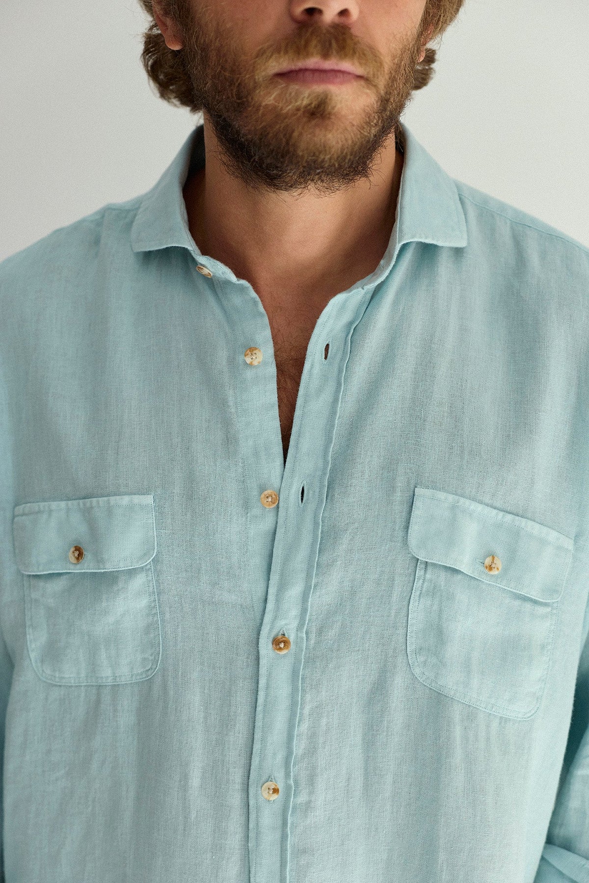 Camisa Lino 2 Bolsillos Pecho Verde Agua