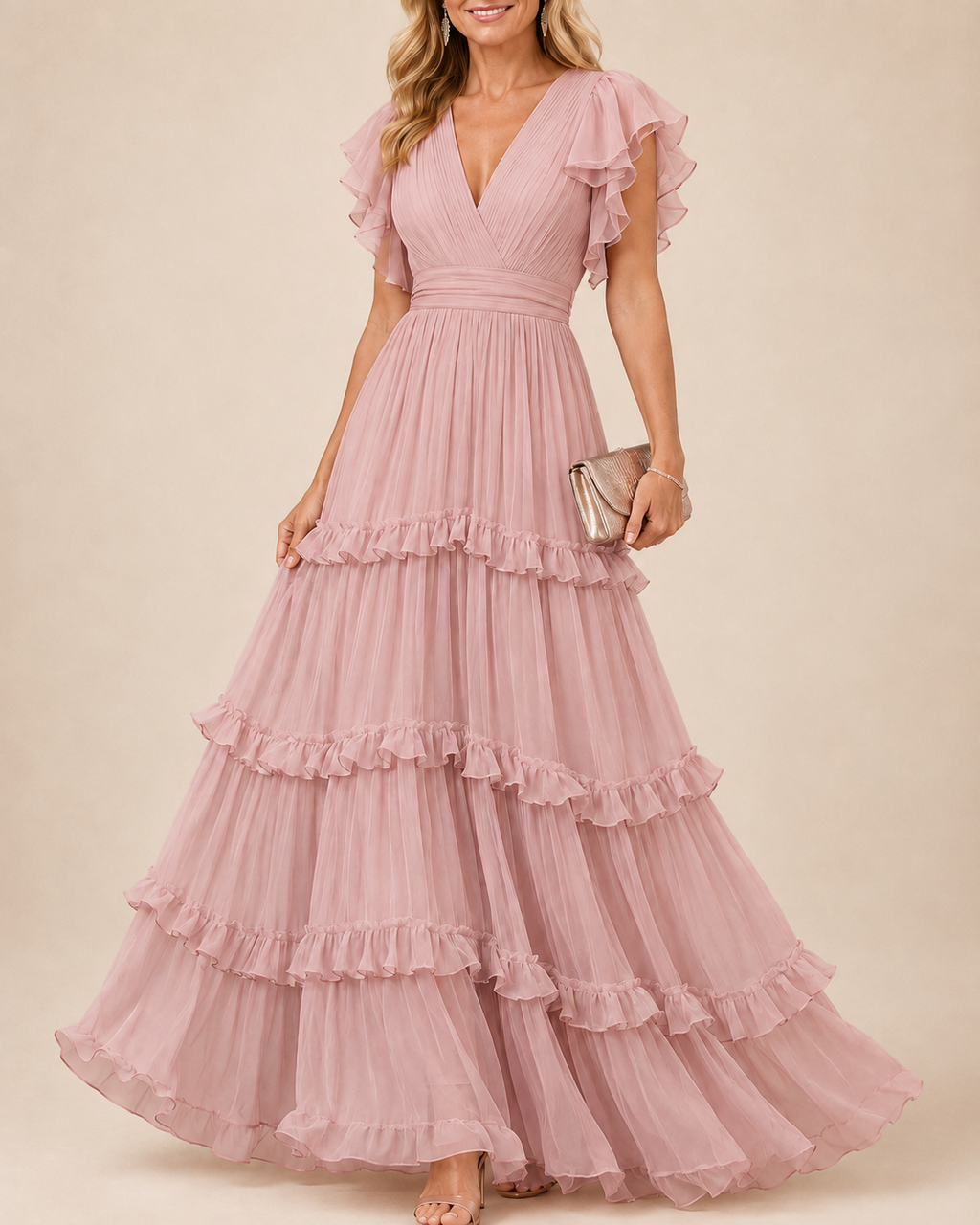 Rosalía | Vestido maxi rosa empolvado con escote en V, volantes escalonados y mangas mariposa