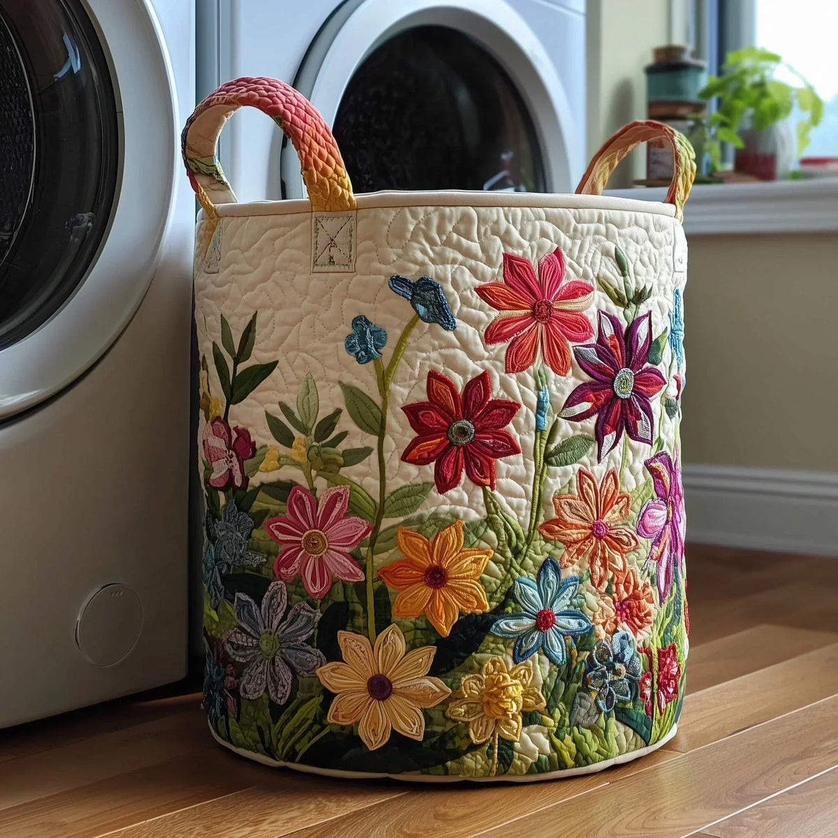 Cesta acolchada con un campo de flores coloridas