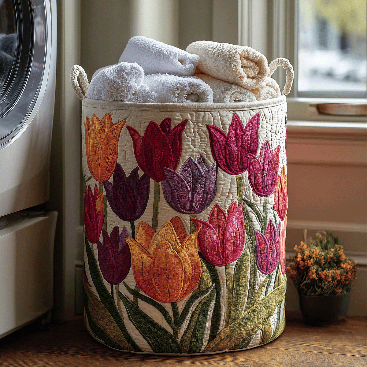 Cesta acolchada con tulipanes en flor