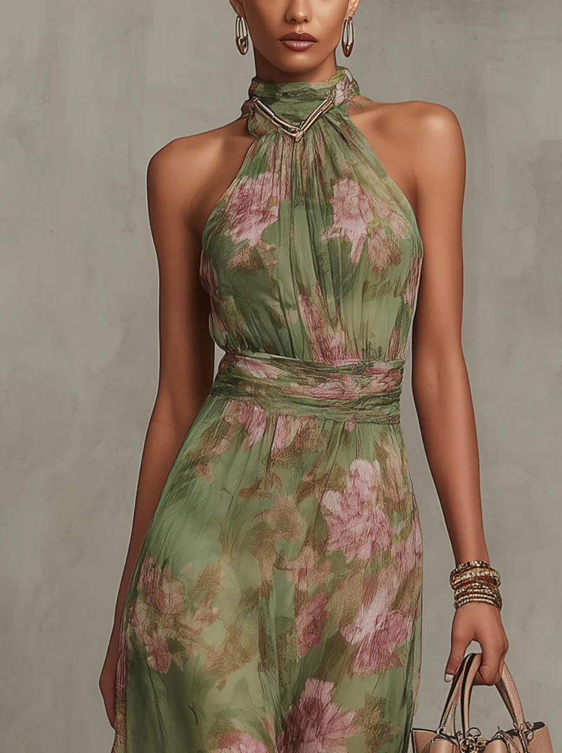 Lidia | Vestido maxi halter floral elegante