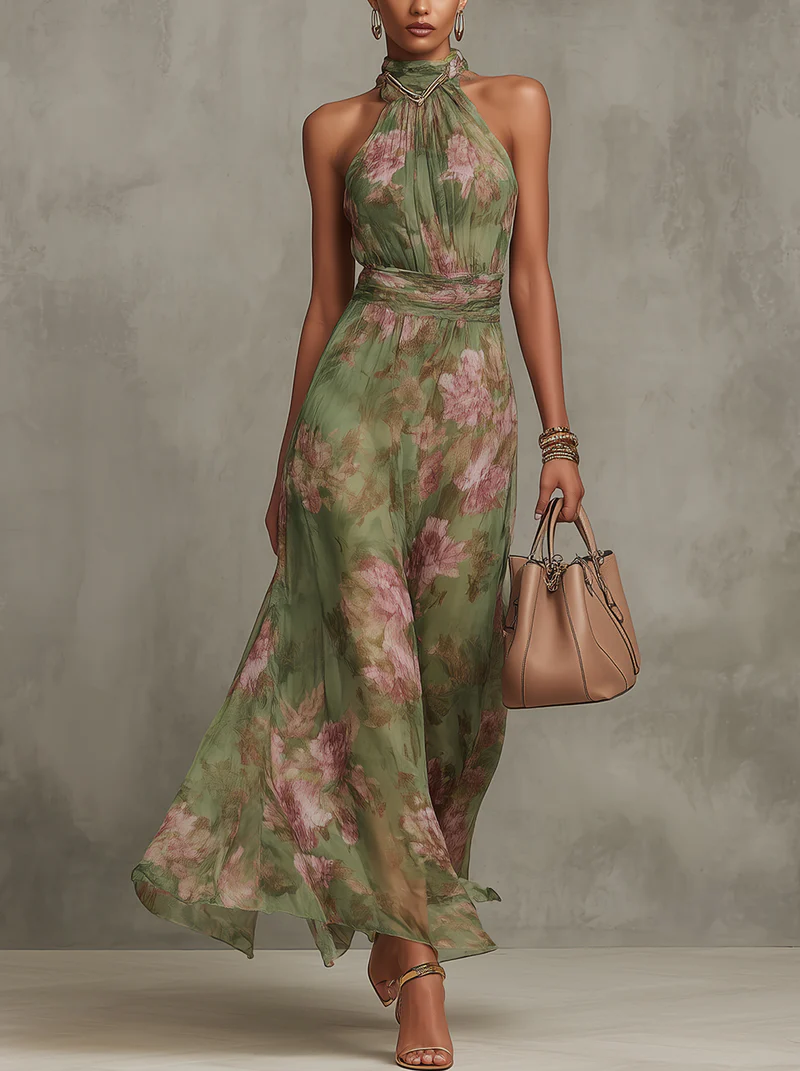 Lidia | Vestido maxi halter floral elegante