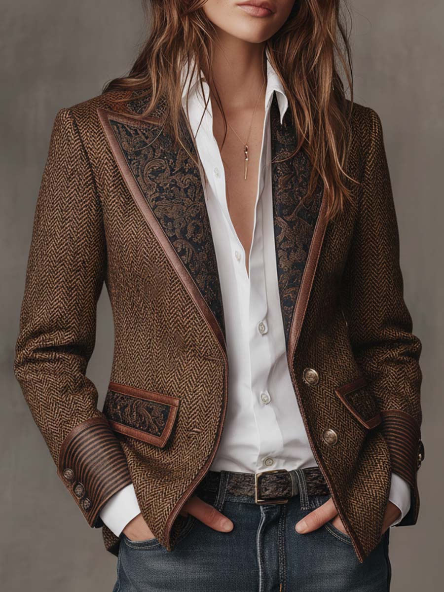Blazer de mujer de espiga con paneles estampados