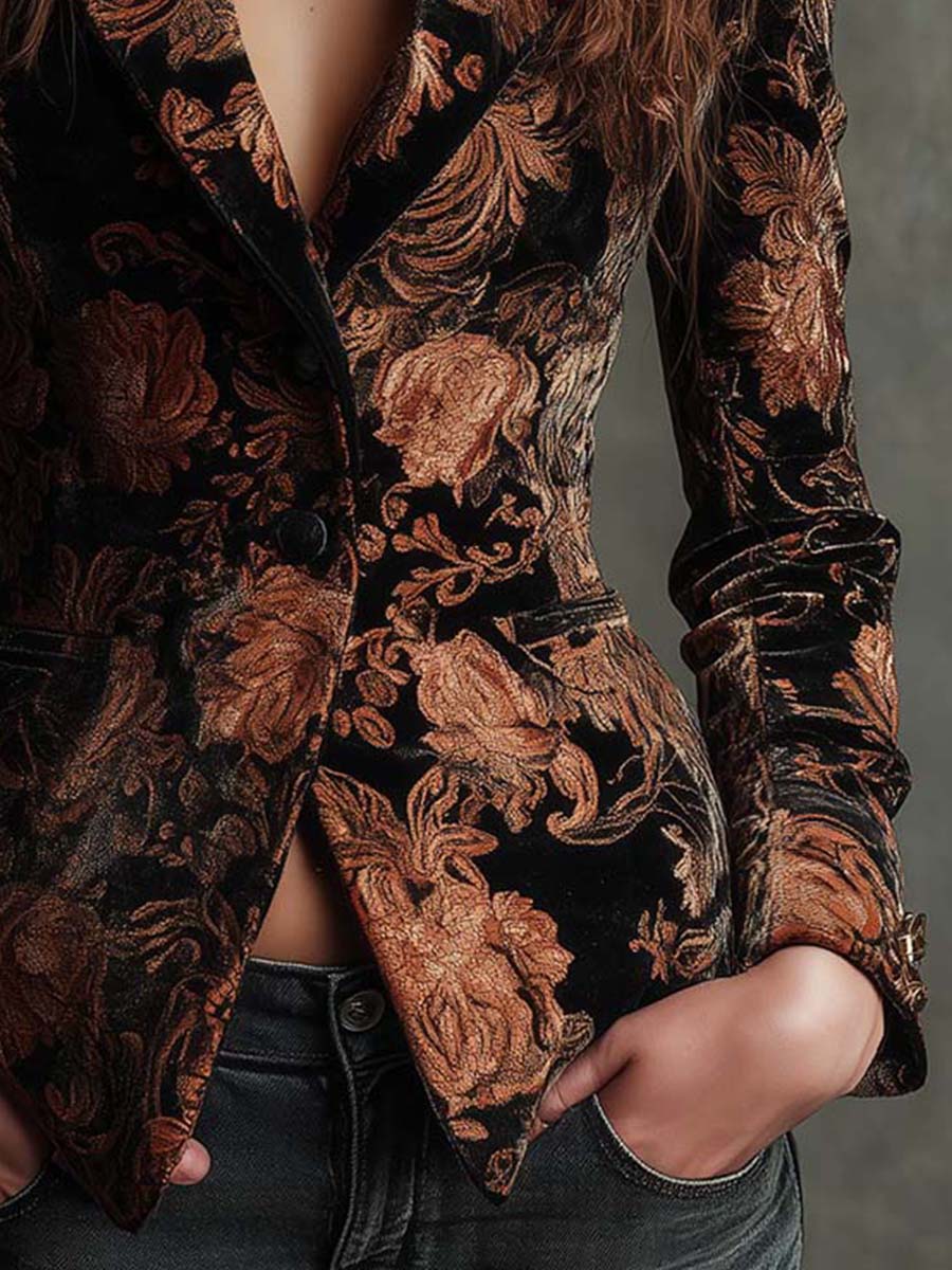 Blazer sastre para mujer con estampado floral negro y bronce