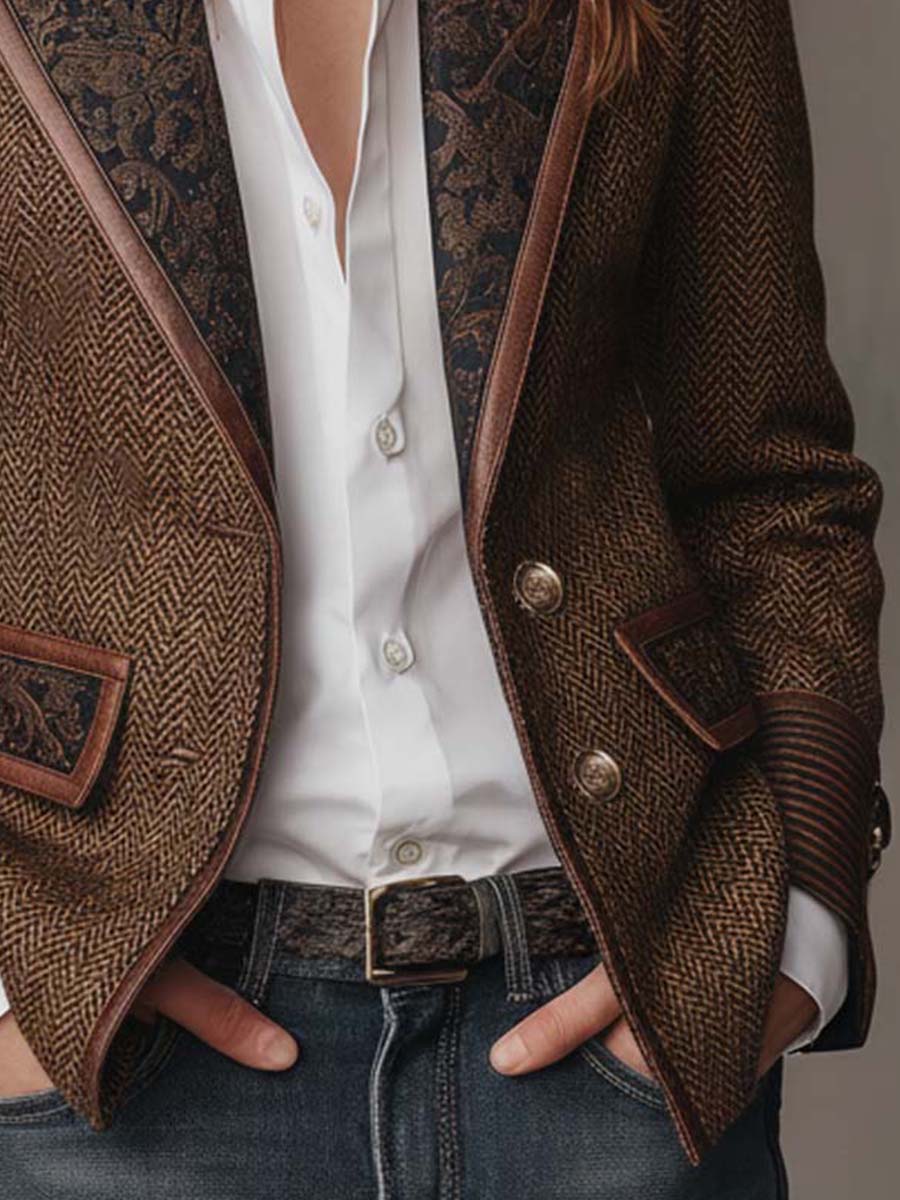 Blazer de mujer de espiga con paneles estampados