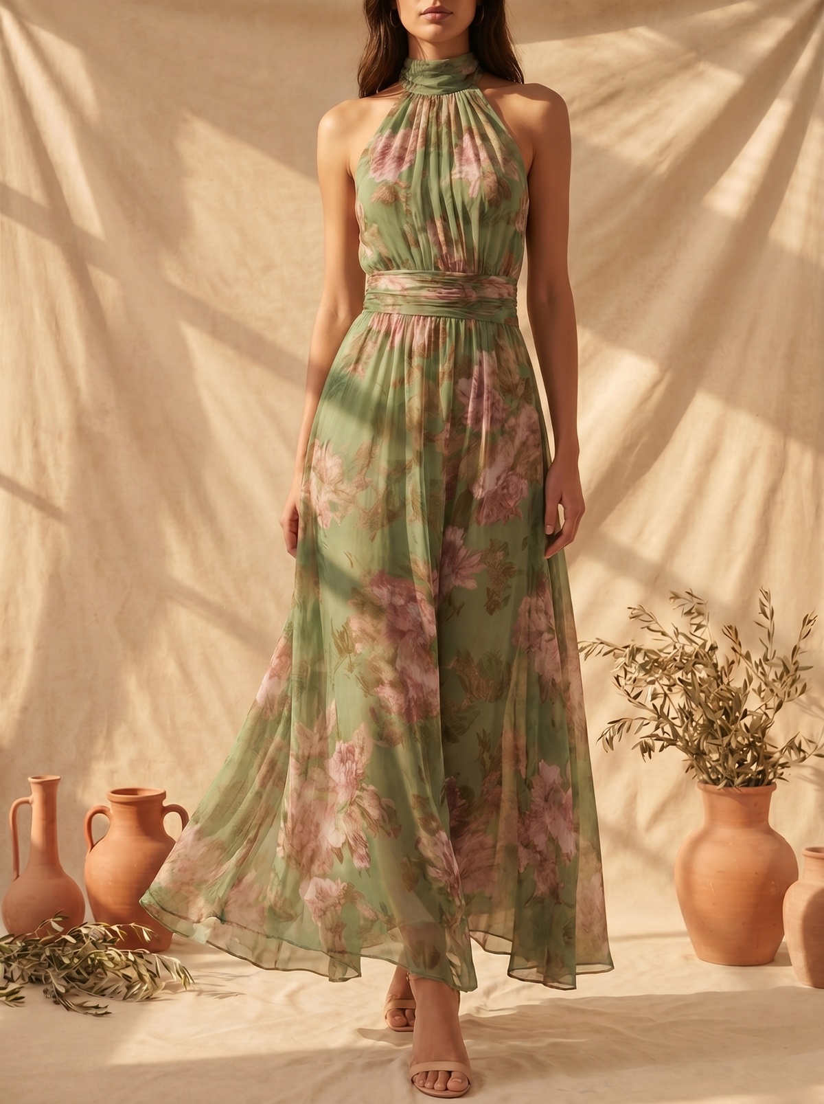 Lidia | Vestido maxi halter floral elegante